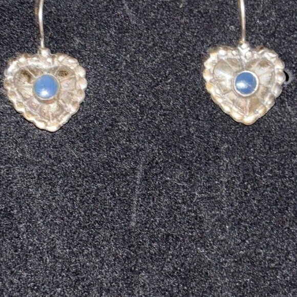 Southwestern 925 Silver Handmade Earrings Textured Heart & Rims Dangles Marked - Picture 5 of 6